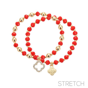 2 PACK QUATREFOIL GLASS BEAD BRACELET RED GOLD ( 84453 SIG )