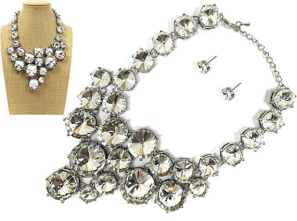 SILVER NECKLACE SET LARGE ROUND CLEAR STONES ( 1062 RHCRY )