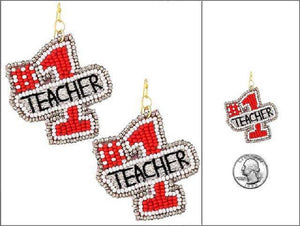 SILVER RED WHITE TEACHER EARRINGS ( 5692 GMT )