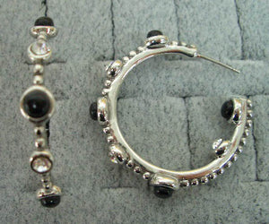 1.25" SILVER HOOP EARRINGS WITH BLACK BEADS AND CLEAR STONES ( 9686 XOC )