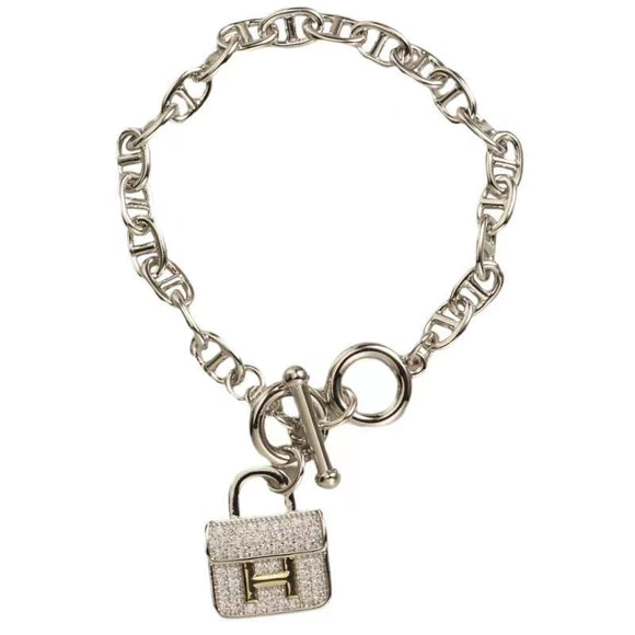 SILVER GOLD CHARM BRACELET CLEAR CZ STONES ( 6844 BK )