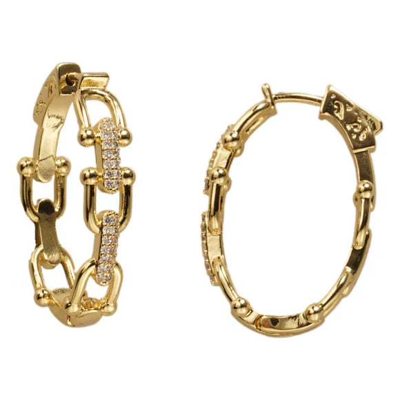 14K GOLD PLATED HOOP EARRINGS CLEAR CZ STONES ( 7431 EG )