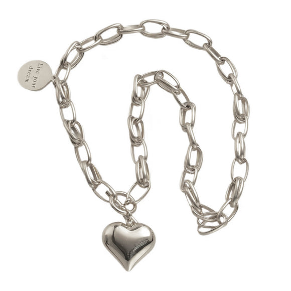 SILVER NECKLACE PUFFY HEART PENDANT LIVE YOUR DREAM ( 7862 X )