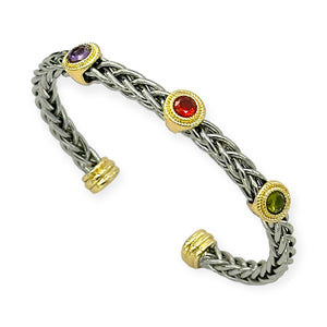 SILVER GOLD CUFF BANGLE MULTICOLOR CZ STONES ( 8350 BKDM )