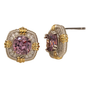 SILVER GOLD AMETHYST STONE SQUARE EARRINGS ( 8726 EKA )