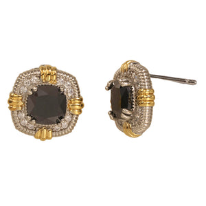 SILVER GOLD BLACK STONE SQUARE EARRINGS ( 8726 EKJ )