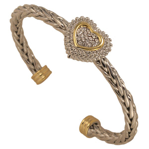 SILVER GOLD HEART CUFF BANGLE CLEAR STONES ( 8733 BK )