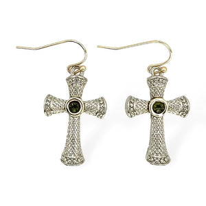 SILVER GOLD CROSS EARRINGS BLACK DIAMOND STONES ( 8848 EKBD )