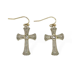 SILVER GOLD CROSS EARRINGS CLEAR STONES ( 8848 EKC )