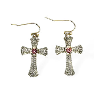 SILVER GOLD CROSS EARRINGS ROSE COLORED STONES ( 8848 EKRO )