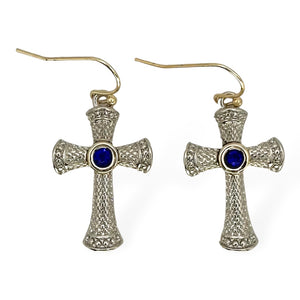 SILVER GOLD CROSS EARRINGS SAPPHIRE STONES ( 8848 EKSA )