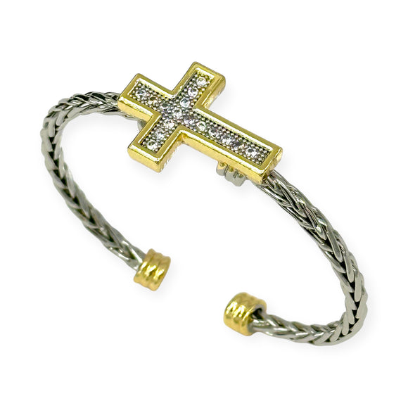 SILVER GOLD CROSS CUFF BANGLE ( 8892 BK )