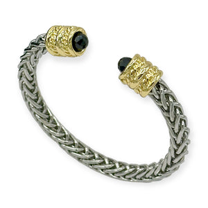 SILVER GOLD CUFF BANGLE BLACK CZ STONES ( 8936 KJ )