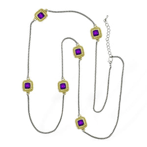 LONG SILVER GOLD NECKLACE AMETHYST COLORED STONES ( 8963 KA 36 )
