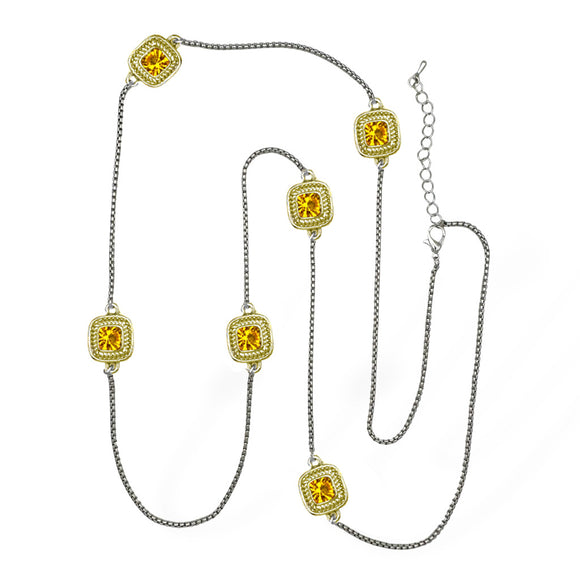 LONG SILVER GOLD NECKLACE TOPAZ COLORED STONES ( 8963 KLT 36 )