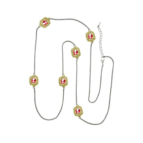LONG SILVER GOLD NECKLACE RED COLORED STONES ( 8963 KRU 36 )