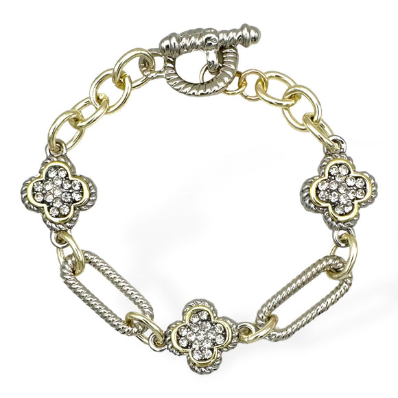 14K GOLD PLATED SILVER GOLD QUATREFOIL BRACELET CLEAR CZ CUBIC ZIRCONIA STONES ( 8995 BK )