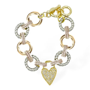 14K GOLD PLATED BRACELET CZ STONES HEART CHARM ( 9016 BK )