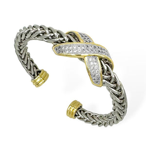 SILVER GOLD CUFF BANGLE CZ STONES ( 9115 B )