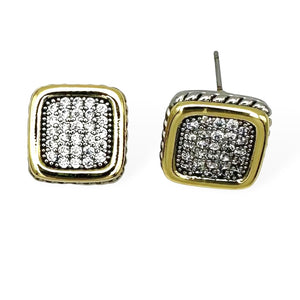 SILVER GOLD SQUARE EARRINGS CLEAR CZ STONES ( 9154 EK )