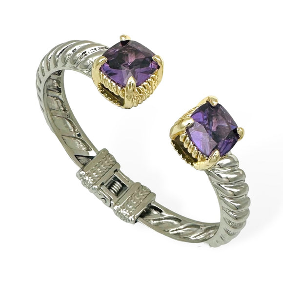 SILVER GOLD CUFF BANGLE PURPLE CZ STONES ( 9239 KA )