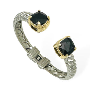 SILVER GOLD CUFF BANGLE BLACK CZ STONES ( 9239 KJ )