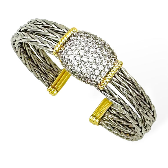 SILVER GOLD CUFF BANGLE CLEAR CZ STONES ( 9275 K )