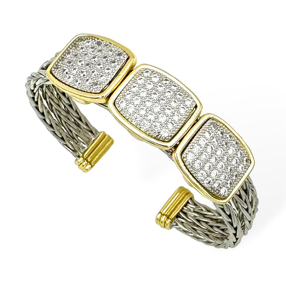 SILVER GOLD CUFF BANGLE CLEAR CZ STONES ( 9277 K )