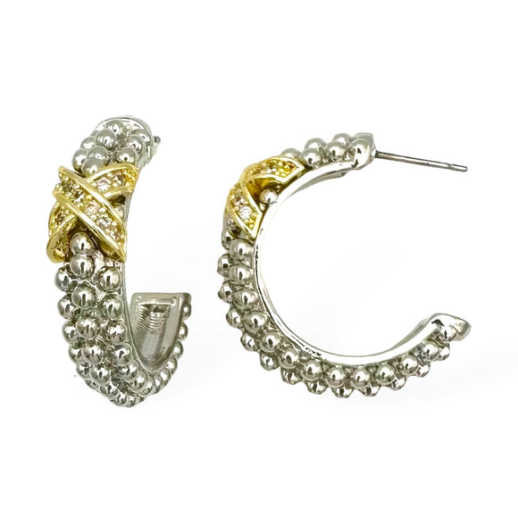 14K GOLD PLATED HOOP EARRINGS CZ STONES ( 9281 EK )