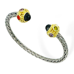 SILVER GOLD CUFF BANGLE BLACK CZ STONES ( 9288 KJ )