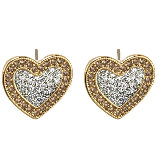 14K GOLD PLATED HEART EARRINGS CLEAR CZ STONES ( 9295 E )