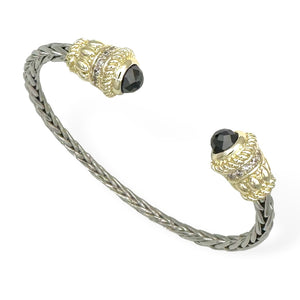 SILVER GOLD CUFF BANGLE BLACK CZ STONES ( 9325 J )