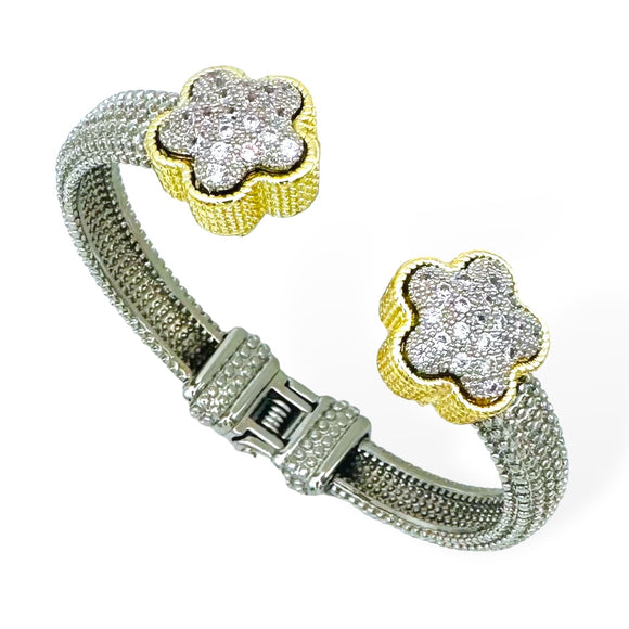 SILVER GOLD FLOWER CUFF BANGLE CZ STONES ( 9351 )