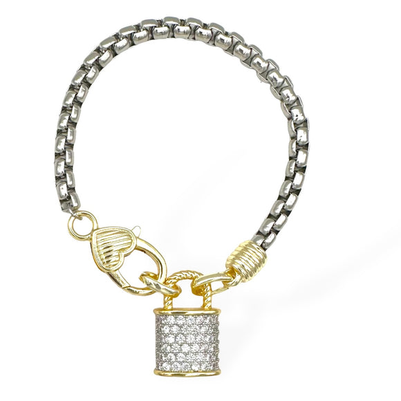 SILVER GOLD LOCK BRACELET CLEAR CZ STONES ( 9446 )