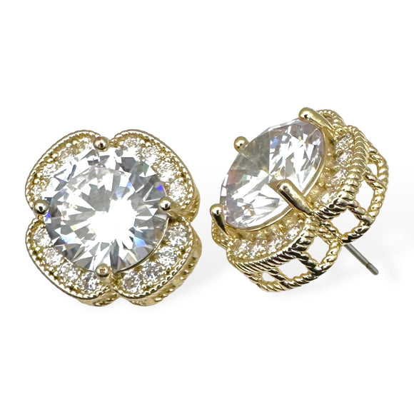 14K GOLD PLATED QUATREFOIL EARRINGS CZ STONES ( 9515 EGC )