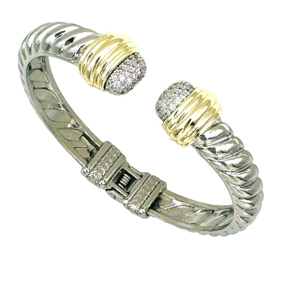 SILVER GOLD CUFF BANGLE CLEAR CZ STONES ( 9553 B )