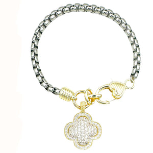 SILVER GOLD QUATREFOIL BRACELET CLEAR CZ STONES ( 9616 BPV )