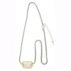 14K GOLD PLATED TWO TONE PAVE RECTANGLE NECKLACE ( 9676 )