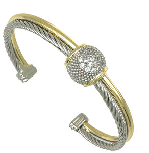 SILVER GOLD CUFF BANGLE CLEAR CZ STONES ( 9735 )