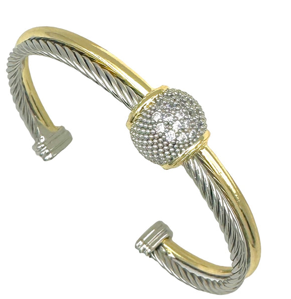 SILVER GOLD CUFF BANGLE CLEAR CZ STONES ( 9735 )