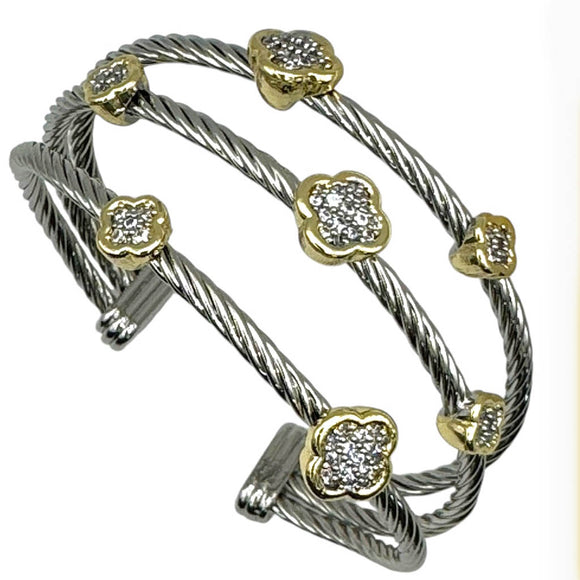 SILVER GOLD CUFF BANGLE CLEAR CZ STONES ( 9762 B )