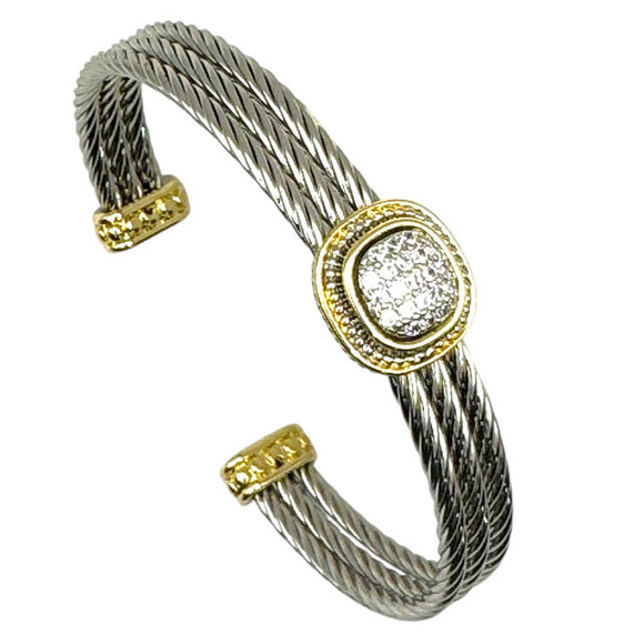 SILVER GOLD 3ROW CUFF BANGLE CLEAR CZ STONES ( 9764 B )