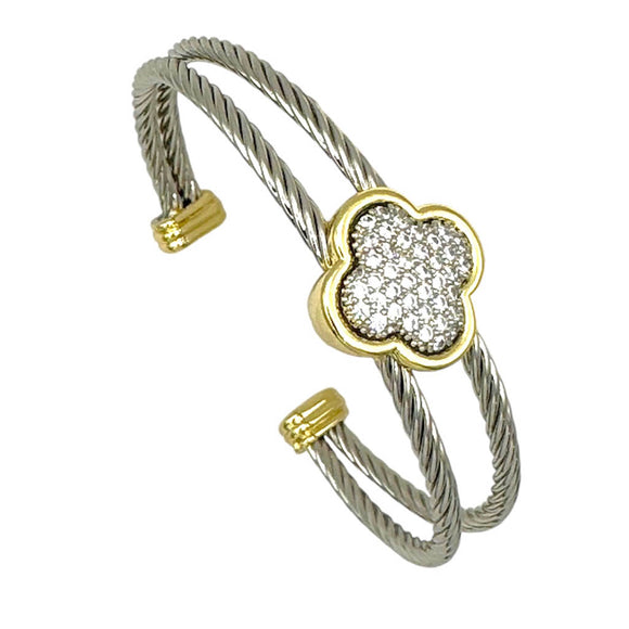 SILVER GOLD QUATREFOIL CUFF BANGLE CLEAR CZ STONES ( 9767 B )