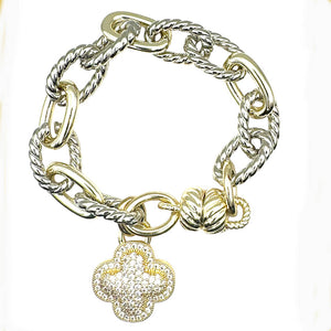 SILVER QUATREFOIL BRACELET CZ STONES ( 9782 BK )