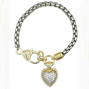 SILVER GOLD BRACELET HEART CLEAR CZ STONES ( 9783 B )