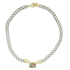 SILVER GOLD MULTICOLOR CZ STONES NECKLACE ( 9795 )