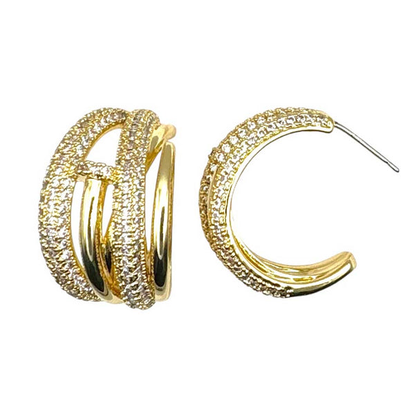 14K GOLD PLATED HOOP EARRINGS CZ STONES ( 9819 EG )