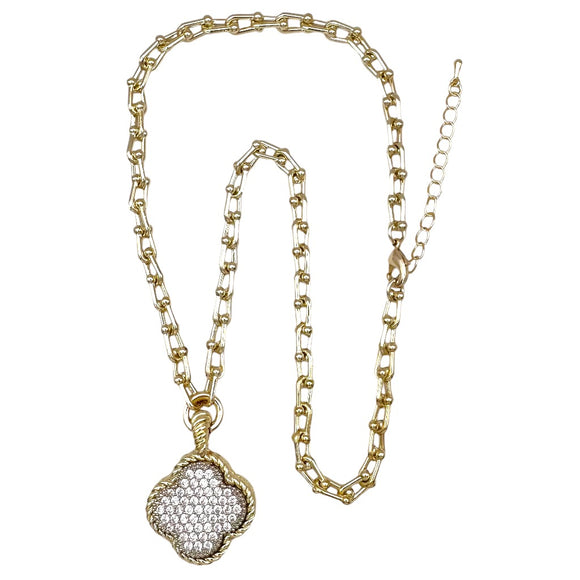 14K GOLD PLATED NECKLACE QUATREFOIL PENDANT CLEAR CZ STONES ( 9883 K )