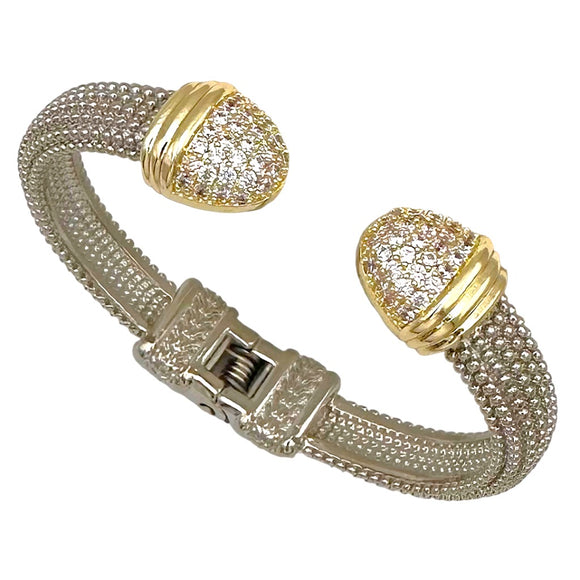 SILVER GOLD CUFF BANGLE CLEAR CZ STONES ( 9899 B )