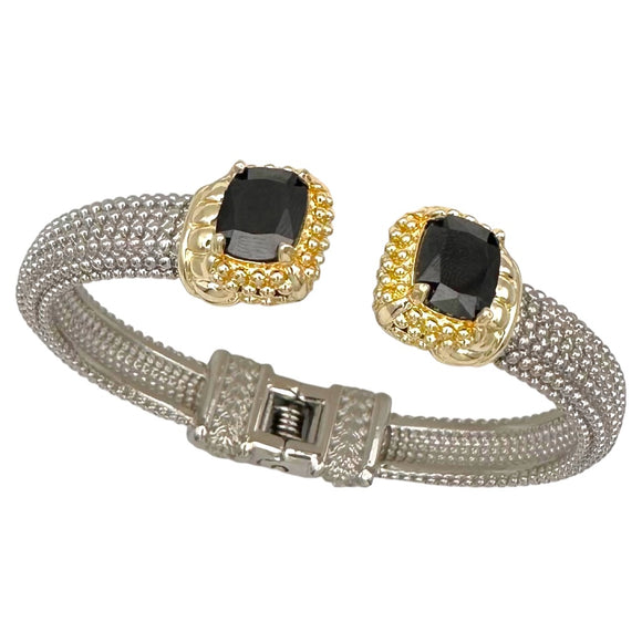 SILVER GOLD CUFF BANGLE BLACK STONES ( 9919 BJ )